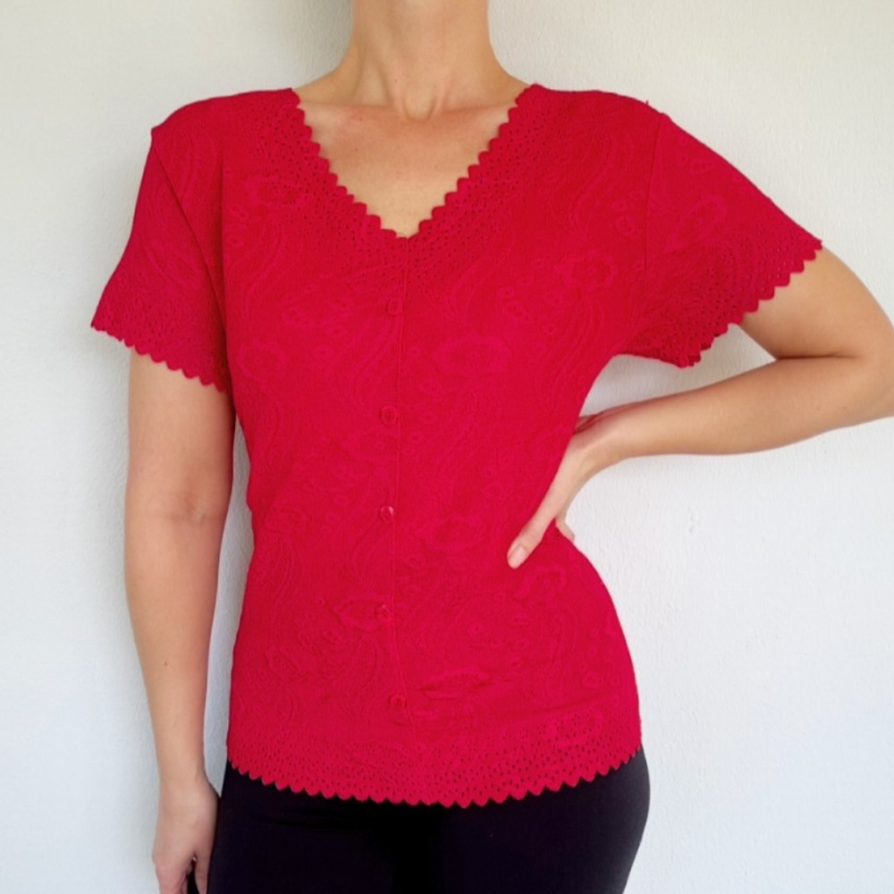 Vintage Studio V bright red textured floral print laser cut out button top PL